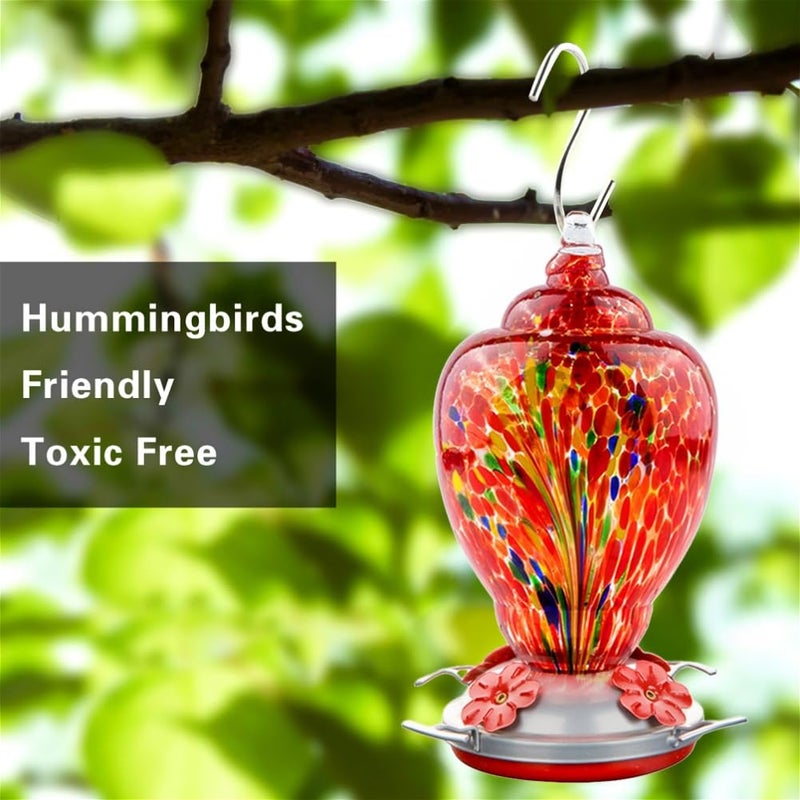 WOSIBO Hummingbird Feeder for Outdoors Patio Large 32 Ounces Colorful Hand Blown Glass Hummingbird Feeder with Ant Moat Hanging Hook, Rope, Brush and Service Card (RED-Firework) - Image 3
